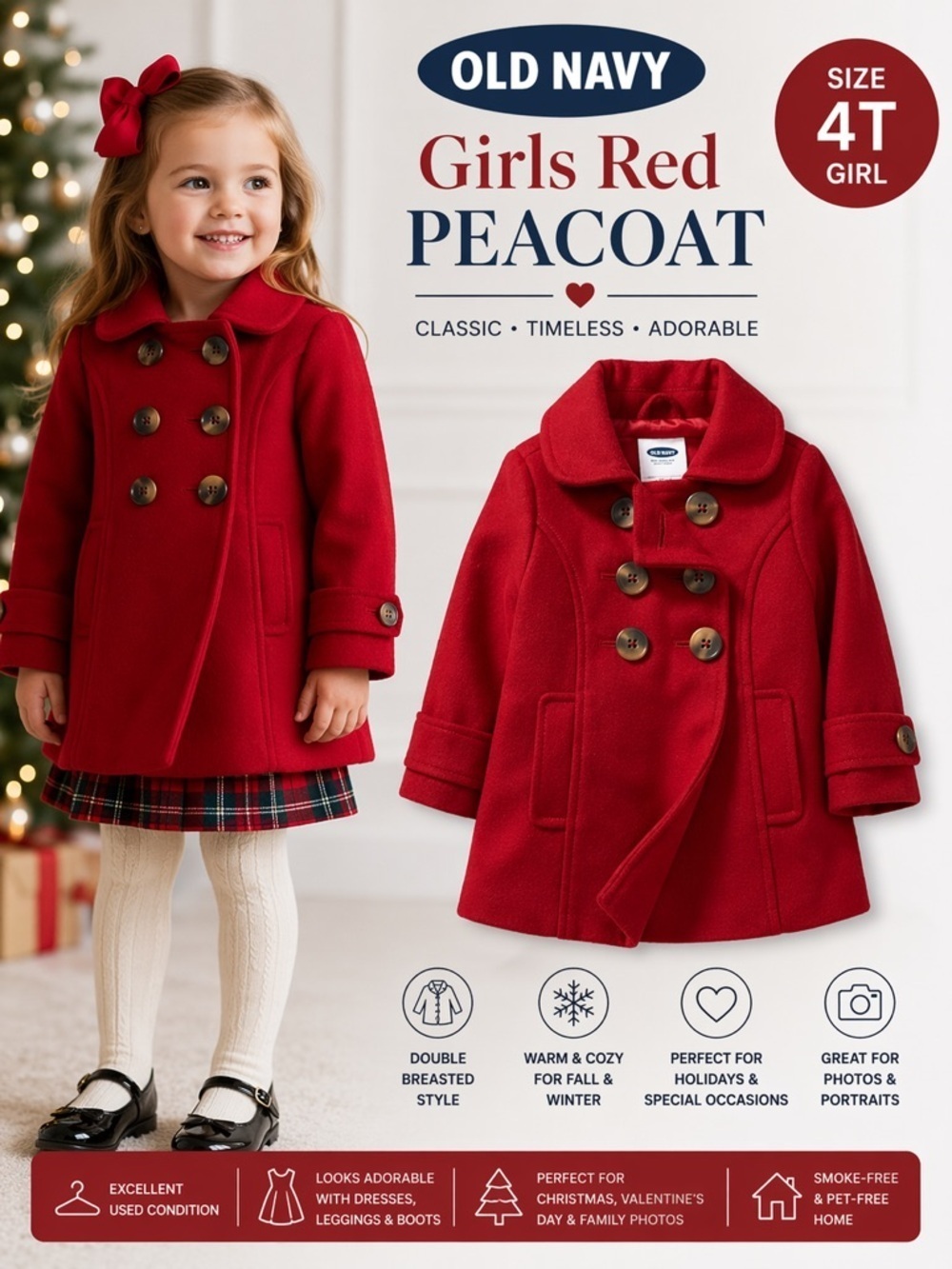 Old Navy Girls Red Double Breasted Peacoat 4T Toddler Dress Coat